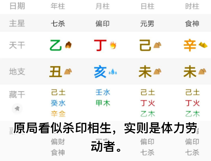 原局看似杀印相生，实则是体力劳动者。乾坤网算命一条街